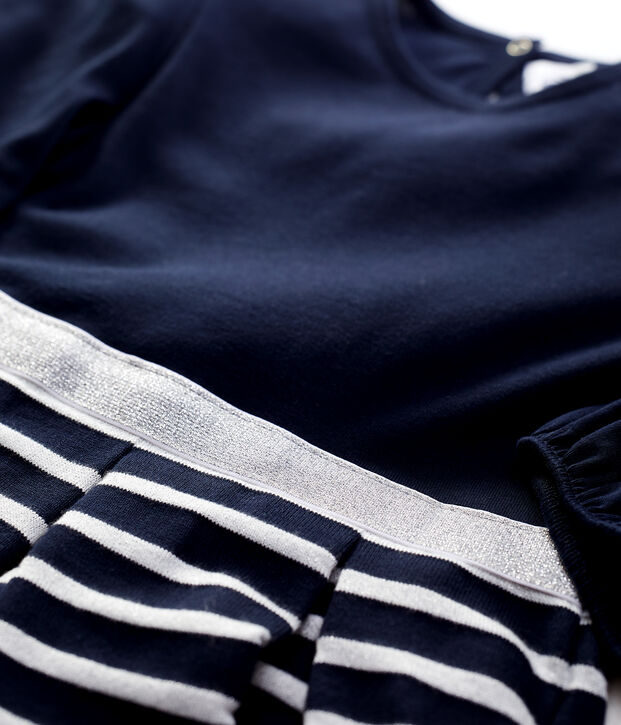 Robe manches longues en coton enfant fille bleu/MARSHMALLOW ARGENT BRILLANT