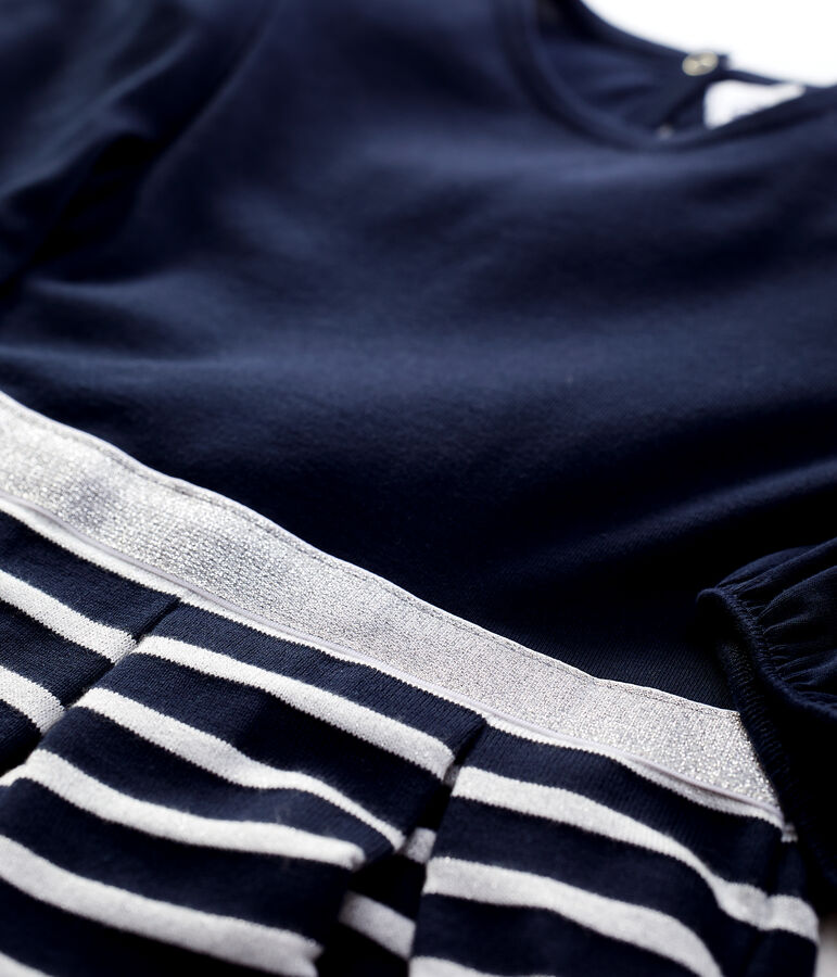 Robe manches longues en coton enfant fille bleu SMOKING/ MARSHMALLOW ARGENT BRILLANT