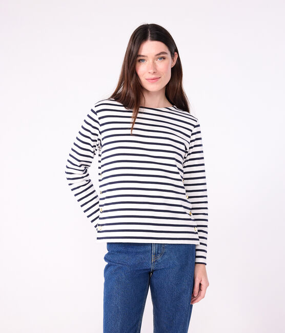 Marinière femme en coton blanc MARSHMALLOW/bleu SMOKING