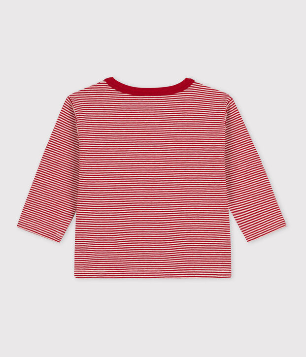 Tee-shirt manches longues b&eacute;b&eacute; milleraies en tubique rouge/beige