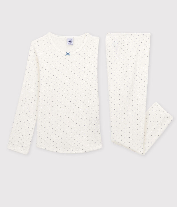 Pyjama ajour&eacute; &agrave; pois petit fille en coton biologique blanc/bleu