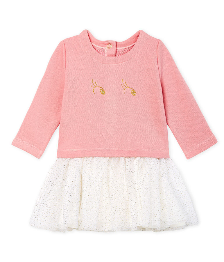 Robe manches longues bi-mati&egrave;re b&eacute;b&eacute; fille rose CHARME/blanc MULTICO