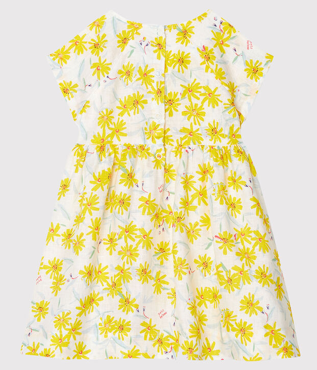 Robe manches courtes b&eacute;b&eacute; fille en lin blanc/multicouleur