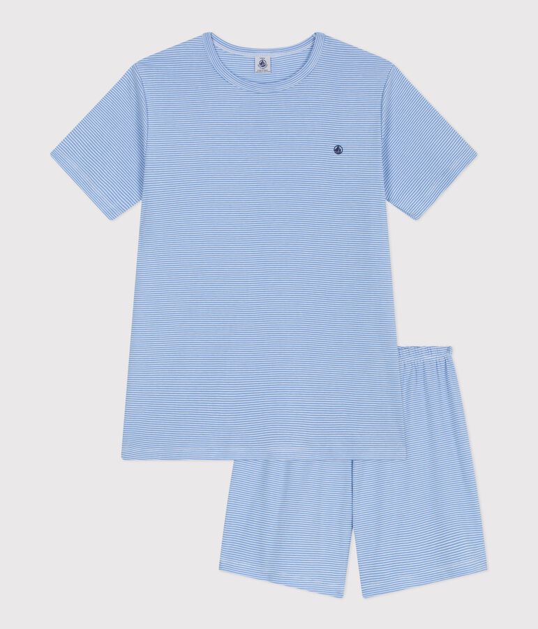 Pyjama short enfant en coton &agrave; rayures bleu EDNA/blanc MARSHMALLOW
