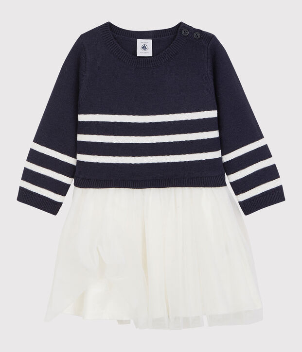 Robe en laine et coton b&eacute;b&eacute;. bleu/blanc