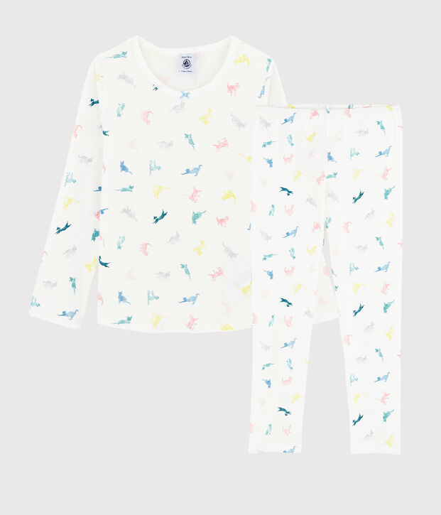 Pyjama imprim&eacute; chats petite fille en coton blanc/multicouleur