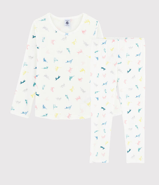 Pyjama imprimé chats petite fille en coton blanc MARSHMALLOW/blanc MULTICO