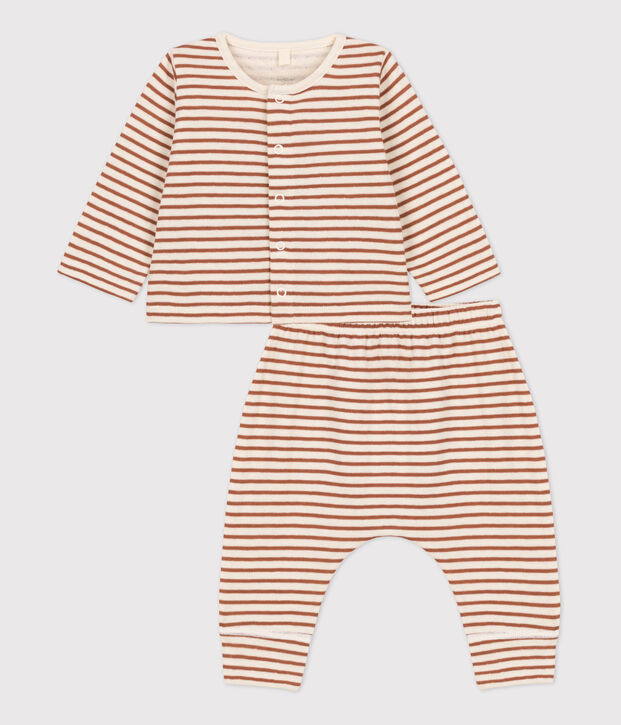 Ensemble 2 pi&egrave;ces b&eacute;b&eacute; &agrave; rayures en tubique en coton &eacute;cru/marron/&eacute;cru