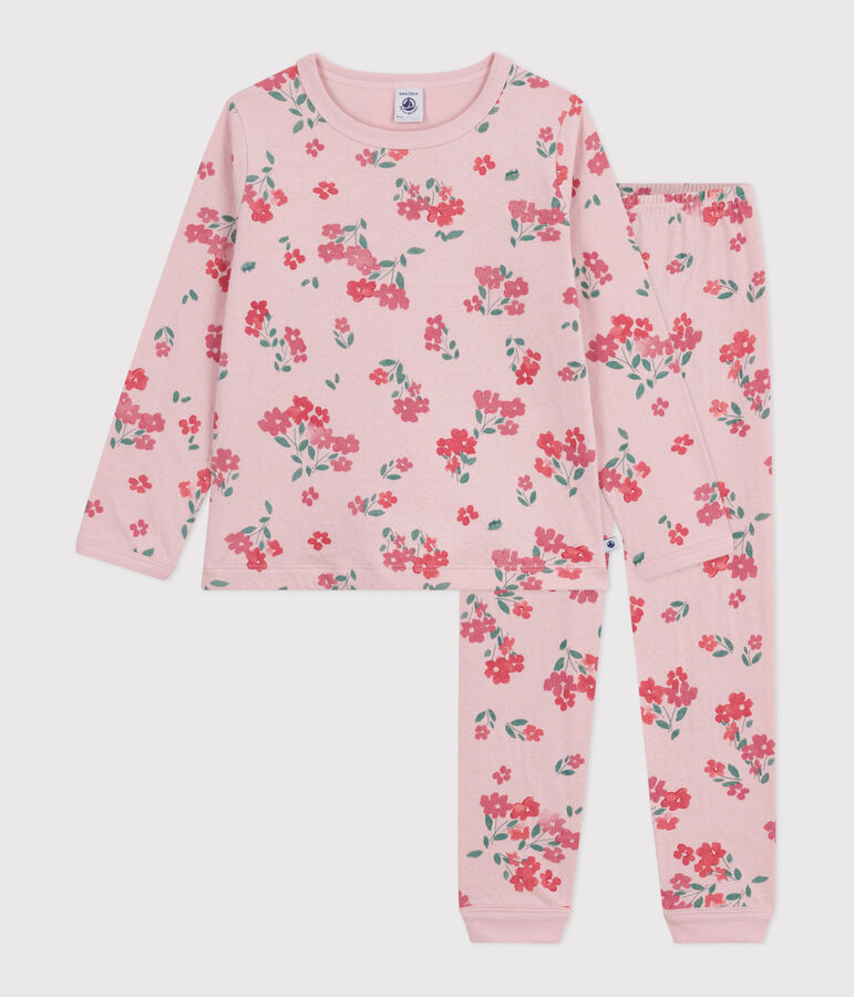 Pyjama enfant en tubique imprim&eacute; fleurs rose JOLI/blanc MULTICO