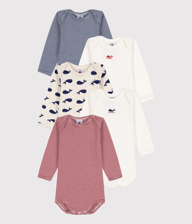 Lot de 5 bodies manches longues baleine b&eacute;b&eacute; en coton multicouleur