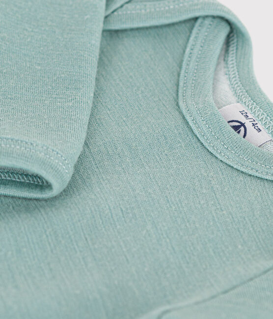 Body manches longues rayures bébé en laine et coton vert PAUL