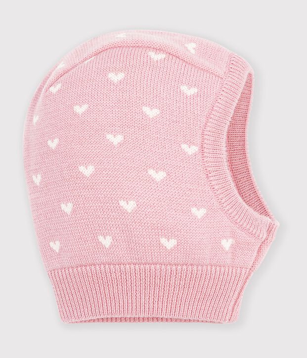 Cagoule b&eacute;b&eacute; en laine et coton imprim&eacute;e c&oelig;urs rose/blanc