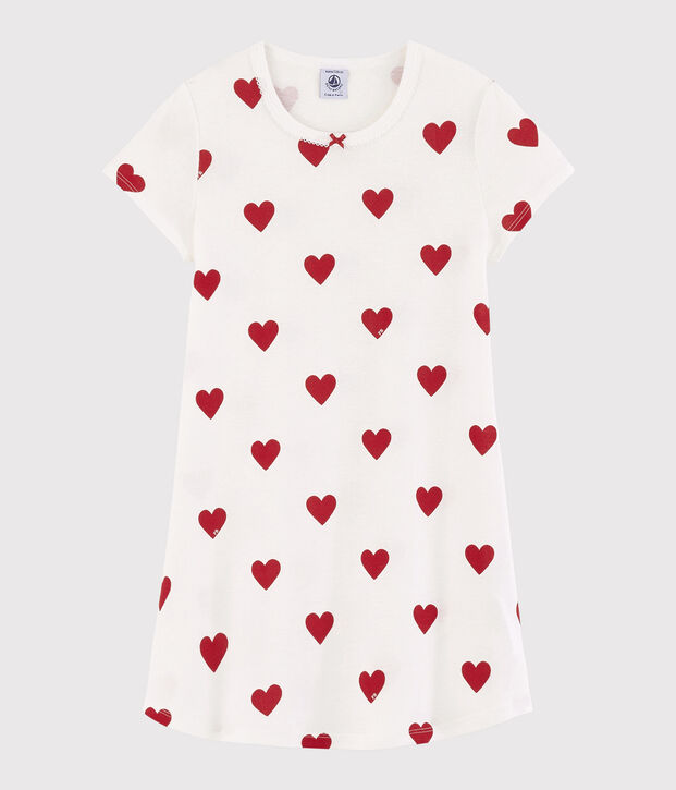 Chemise de nuit c&oelig;ur petite fille en coton blanc/rouge