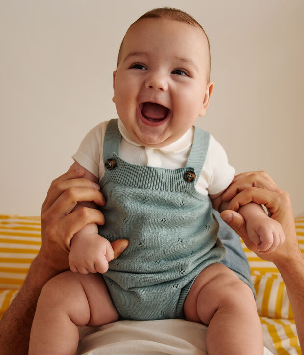 Barboteuse b&eacute;b&eacute; en tricot &agrave; point fantaisie &agrave; bretelles vert
