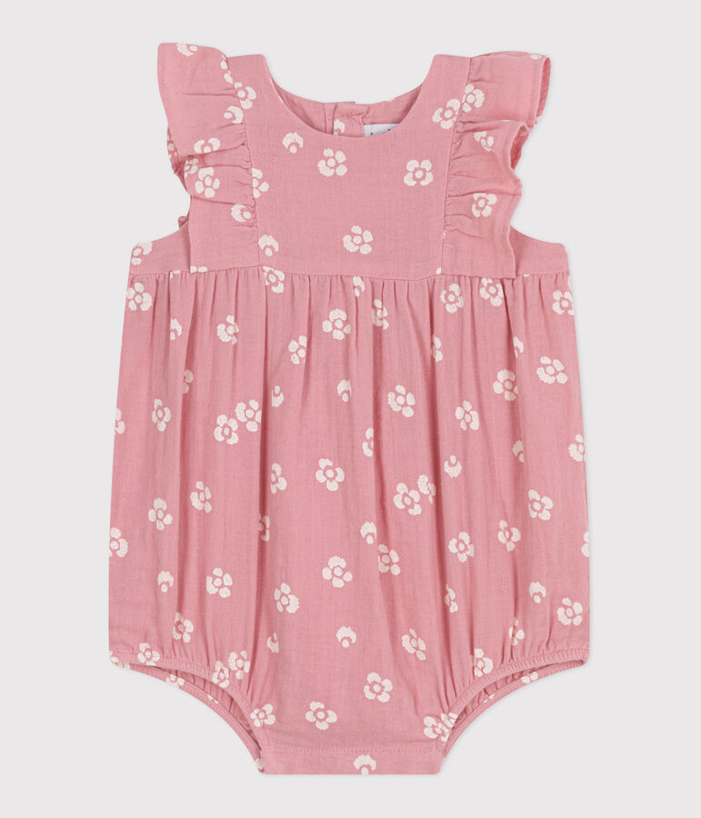 Barboteuse b&eacute;b&eacute; en gaze de coton sans manches, imprim&eacute; &agrave; fleurs rose CHARME/blanc MARSHMALLOW