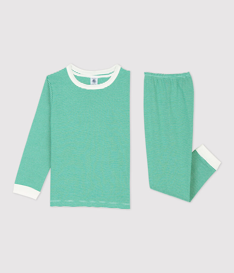 Pyjama milleraies vert en coton enfant vert/blanc