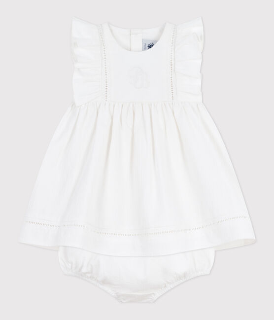Robe bébé en coton sans manche unie et brodée avec son bloomer blanc ECUME