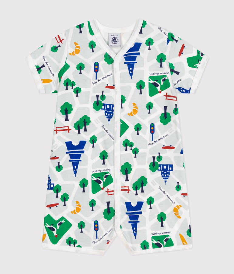 Combinaison courte en coton b&eacute;b&eacute; blanc MARSHMALLOW/bleu MEDIEVAL