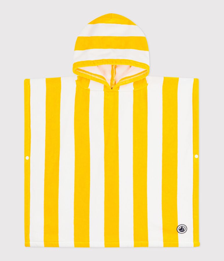 Poncho de bain enfant en coton &eacute;ponge &agrave; rayures jaune/blanc