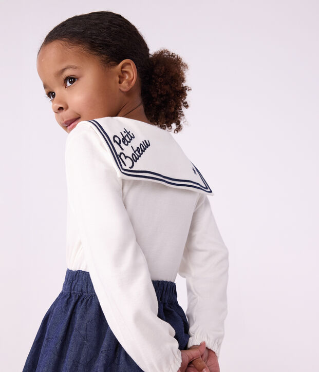 Blouse enfant en coton &agrave; col manches longues unie blanc