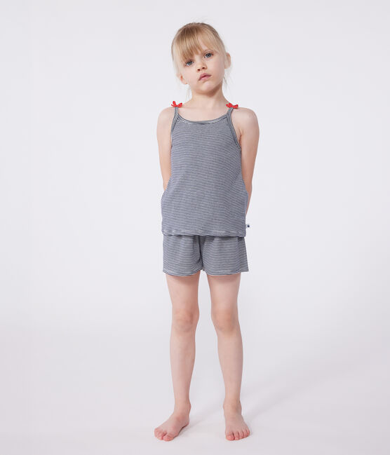 Pyjama short enfant en coton à bretelles à rayures bleu SMOKING/blanc MARSHMALLOW