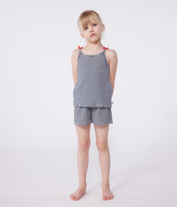 Pyjama short enfant en coton &agrave; bretelles &agrave; rayures bleu/blanc