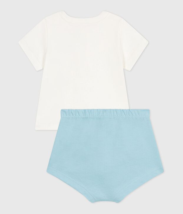 Ensemble naissance deux pi&egrave;ces en coton avec bas uni bleu/bleu