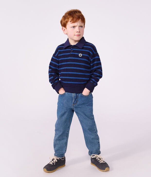 Sweatshirt col polo enfant en coton &agrave; rayures bleu/vert/bleu