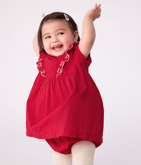 Robe b&eacute;b&eacute; en coton manches courtes unie avec son bloomer rouge TERKUIT