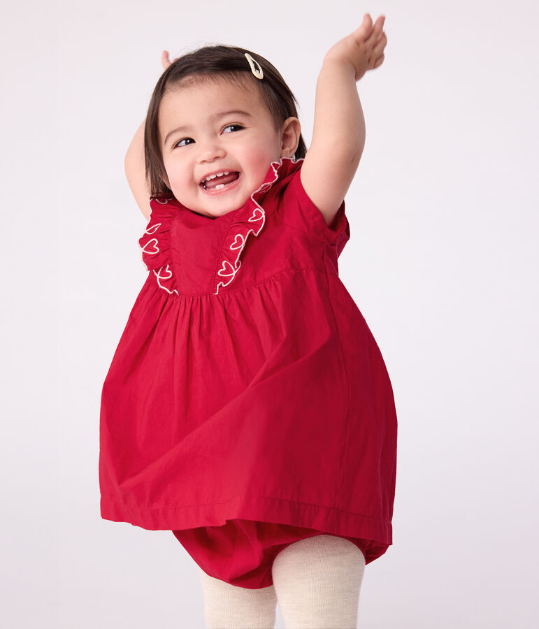 Robe b&eacute;b&eacute; en coton manches courtes unie avec son bloomer rouge TERKUIT