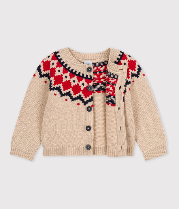 Cardigan b&eacute;b&eacute; en tricot en laine et coton beige/multicouleur