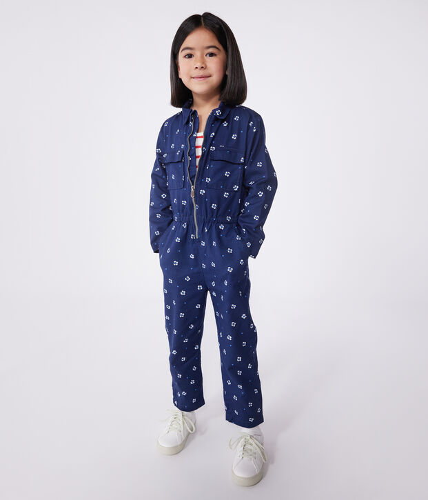 Combinaison enfant en coton manches longues fleurie bleu/blanc