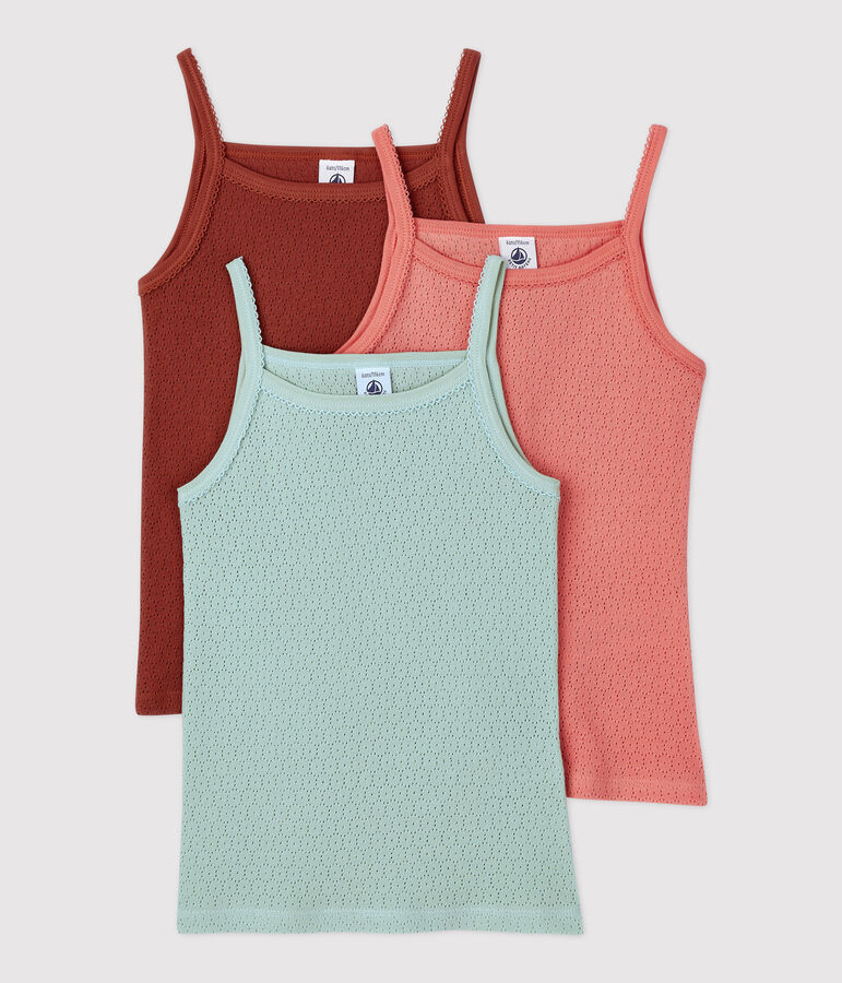 Lot de 3 chemises &agrave; bretelles unies ajour&eacute;es petite fille en coton multicouleur