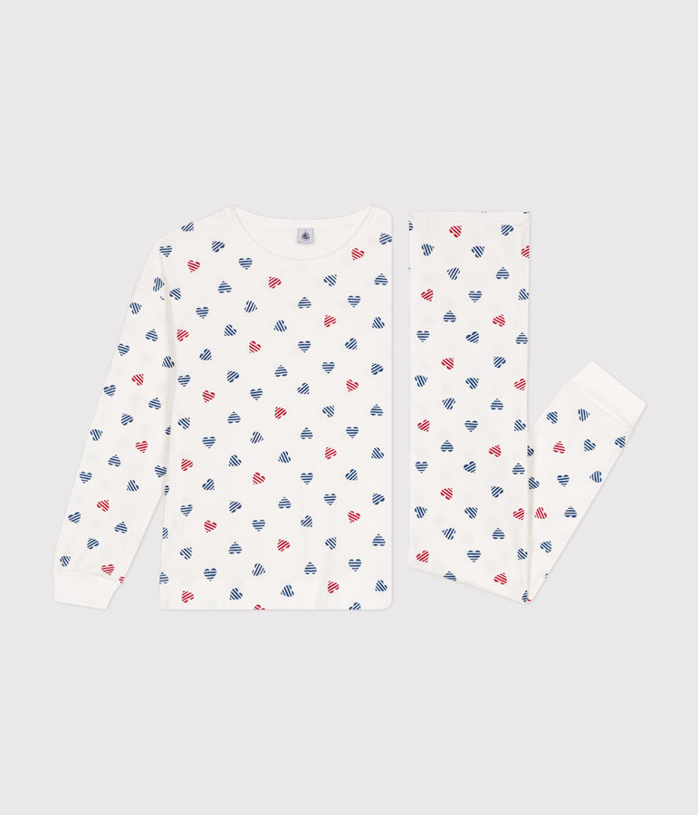 Pyjama femme en coton imprim&eacute; c&oelig;urs blanc MARSHMALLOW/blanc MULTICO