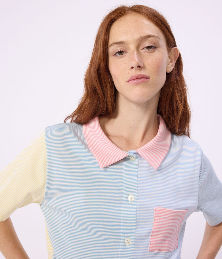 Pyjama short boutonn&eacute; femme en coton &agrave; rayures blanc MARSHMALLOW/blanc MULTICO