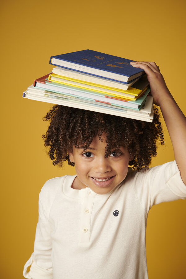 Tee-shirt en coton et lin enfant gar&ccedil;on blanc MARSHMALLOW