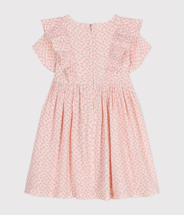 Robe imprim&eacute;e manches courtes en gaze de coton enfant fille &eacute;cru/rose