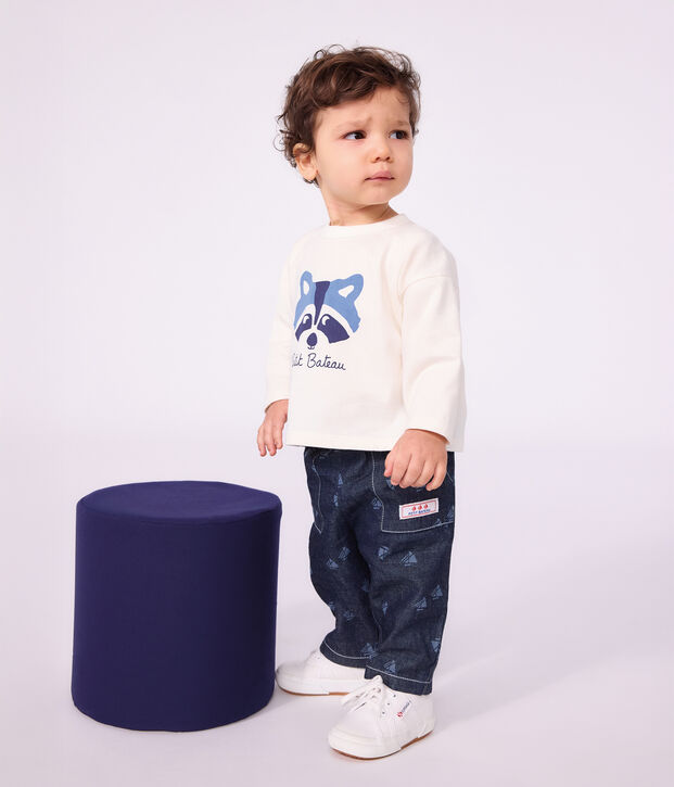Pantalon b&eacute;b&eacute; en denim imprim&eacute; bateaux bleu/&eacute;cru