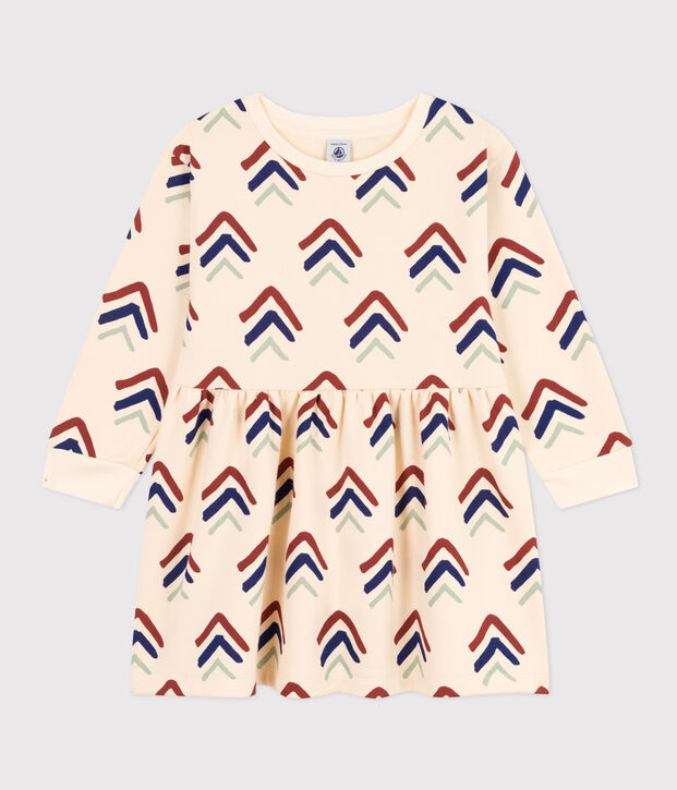 Robe imprim&eacute;e manches longues en molleton enfant fille &eacute;cru/bleu/multicouleur
