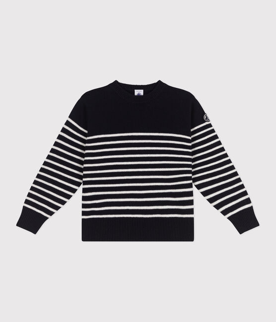 Pull marin enfant en laine et coton à rayures bleu SMOKING/blanc MARSHMALLOW