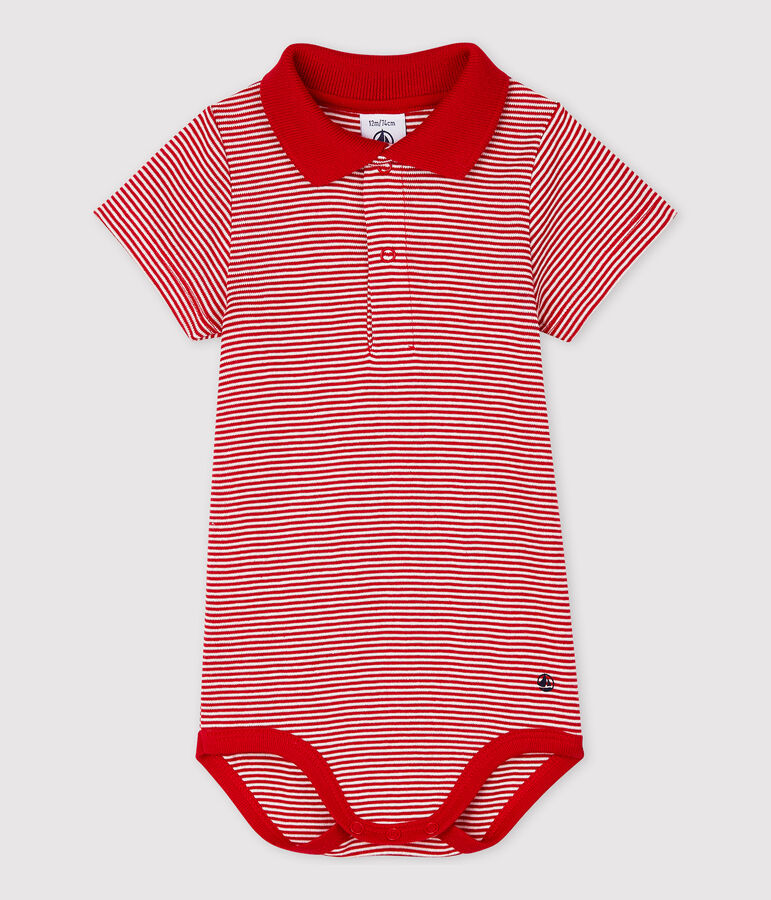 Body col polo en coton manches courtes b&eacute;b&eacute; gar&ccedil;on rouge TERKUIT/blanc MARSHMALLOW