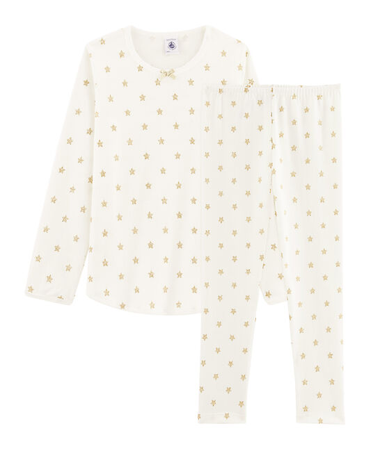 Pyjama à étoiles petite fille en côte blanc MARSHMALLOW/jaune OR