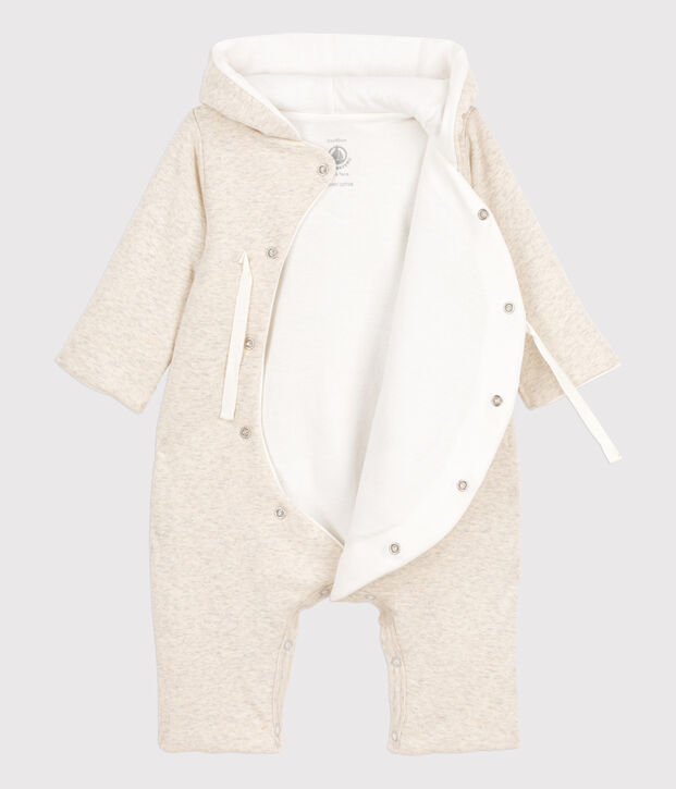Combinaison longue grise chin&eacute;e &agrave; capuche b&eacute;b&eacute; en coton biologique beige chin&eacute;