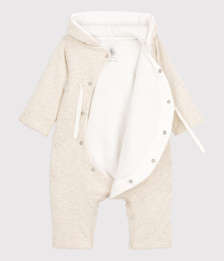Combinaison longue grise chin&eacute;e &agrave; capuche b&eacute;b&eacute; en coton biologique beige MONTELIMAR CHINE