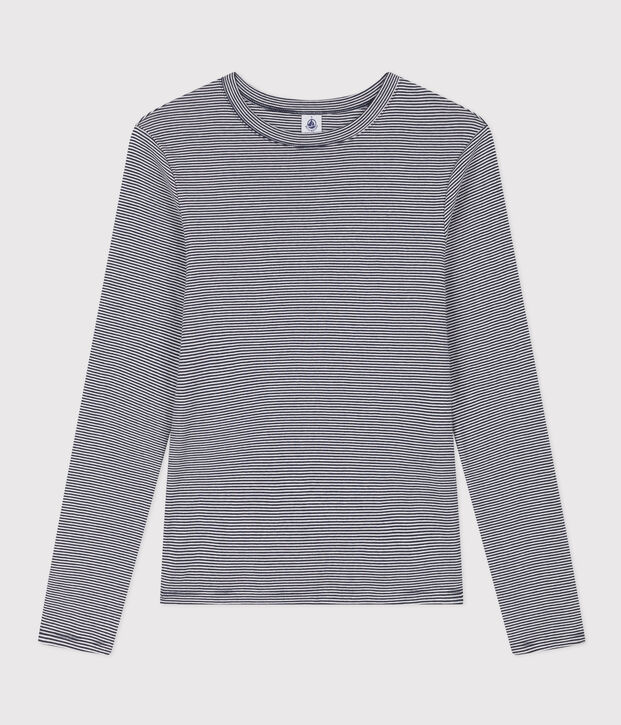 Tee-shirt L'ICONIQUE col rond en coton bio Femme bleu/blanc