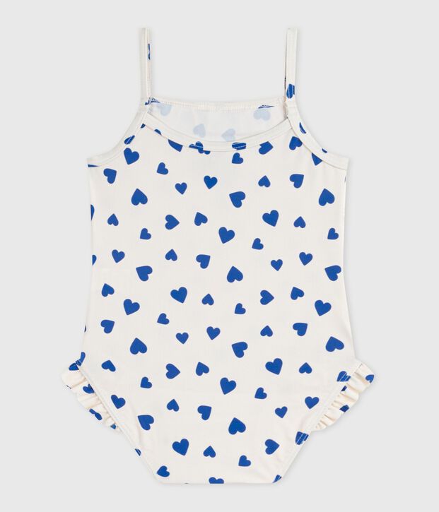 Maillot de bain b&eacute;b&eacute; une pi&egrave;ce &agrave; volants, imprim&eacute; c&oelig;urs blanc/bleu