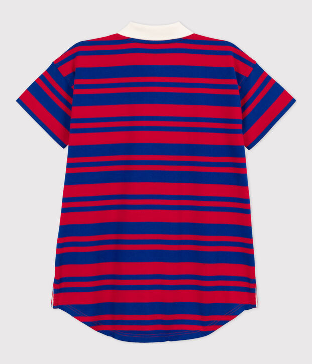 Robe ray&eacute;e manches courtes en coton enfant fille bleu/rouge