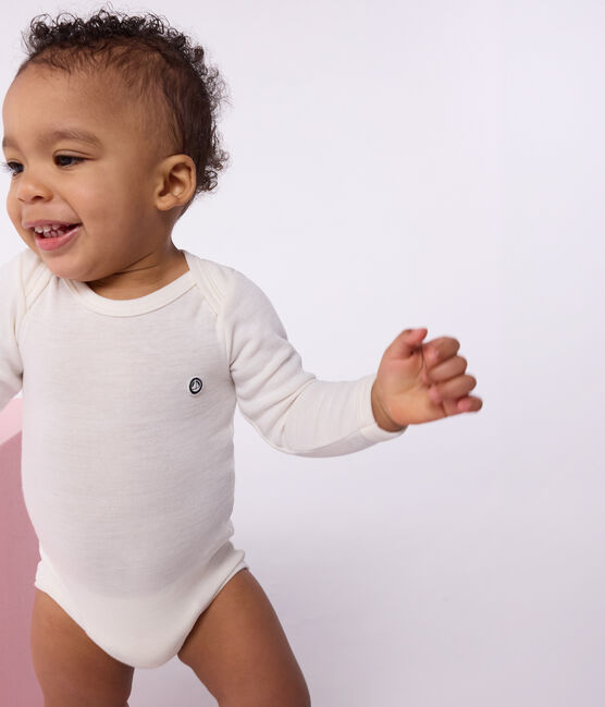 Body manches longues  bébé en laine et coton ECRU 08163
