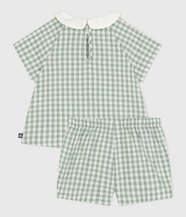 Ensemble b&eacute;b&eacute; deux pi&egrave;ces en coton, blouse et short vichy vert/blanc
