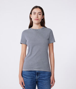 T-shirt Petit Bateau Femme Taille M - Rayé Noir Et Kaki - 100% Coton - Occasion Très Bon état